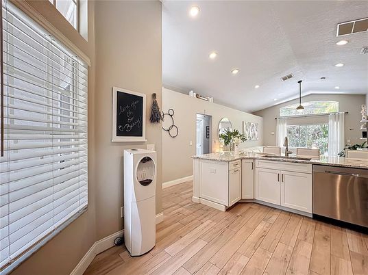 Interior, Kitchen, Pendant Lights, Recessed Lighting, Wood Texture Flooring