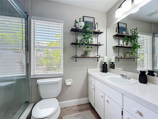 Bathroom, Glass Shower, Interior, Wood Texture Flooring