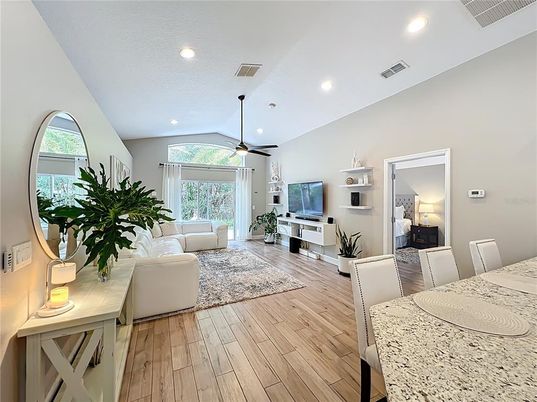 Dining room, Interior, Living room, Recessed Lighting, Wood Texture Flooring