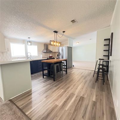 Dining room, Interior, Kitchen, Pendant Lights, Wood Texture Flooring
