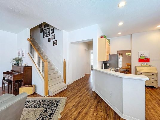 Interior, Kitchen, Piano, Recessed Lighting, Wood Texture Flooring