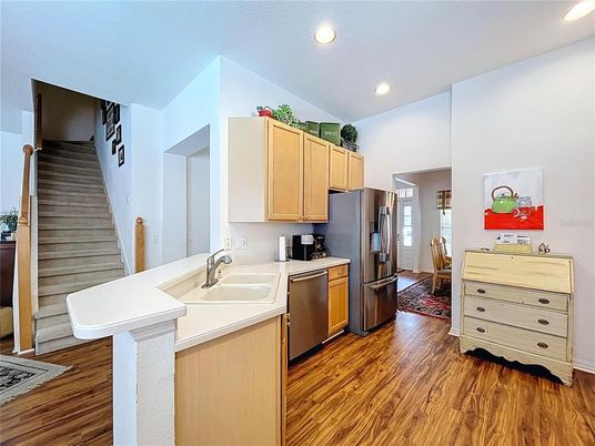 Interior, Kitchen, Recessed Lighting, Stainless Steel Appliances, Wood Texture Flooring
