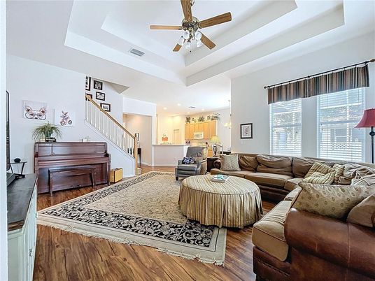Interior, Kitchen, Living room, Piano, Recessed Lighting, Wood Texture Flooring