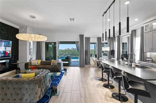 Dining room, Fireplace, Interior, Kitchen, Living room, Pendant Lights, Recessed Lighting, Wood Texture Flooring
