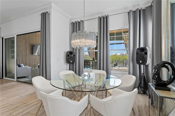 Chandelier, Dining room, Interior, Wood Texture Flooring
