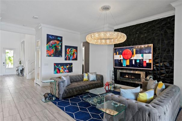 Fireplace, Interior, Living room, Pendant Lights, Wood Texture Flooring