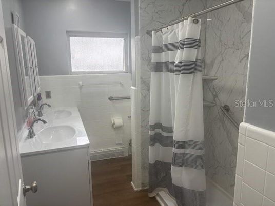 Bathroom, Interior, Marble Walls, Wood Texture Flooring