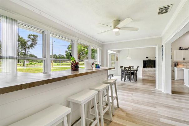 Dining room, Interior, Pendant Lights, Wood Texture Flooring