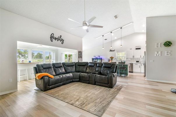 Interior, Kitchen, Living room, Pendant Lights, Recessed Lighting, Wood Texture Flooring