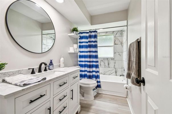Bathroom, Interior, Recessed Lighting, Wood Texture Flooring