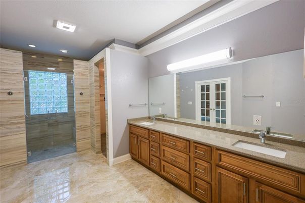 Bathroom, Dual Sink Vanities, Glass Shower, Interior, Recessed Lighting