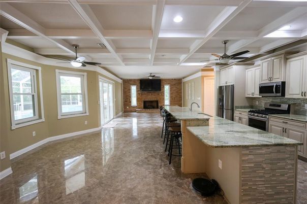 Fireplace, Interior, Kitchen, Recessed Lighting, Stainless Steel Appliances