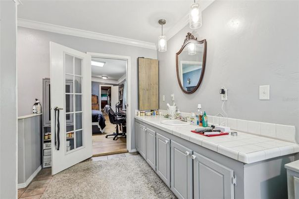 Bathroom, Dual Sink Vanities, Interior, Pendant Lights, Tile Countertops