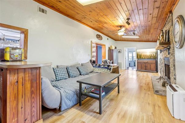 Fireplace, Interior, Living room, Stone Walls, Wooden Ceilings, Wood Texture Flooring