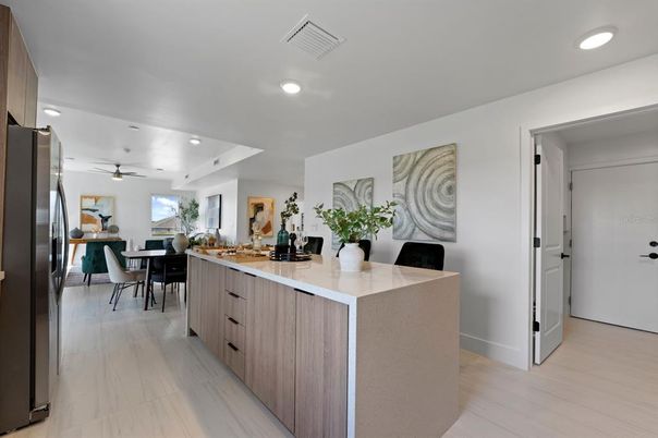 Dining room, Interior, Kitchen, Recessed Lighting, Wood Texture Flooring