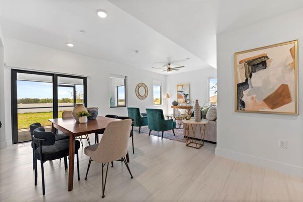 Dining room, Interior, Living room, Recessed Lighting, Wood Texture Flooring