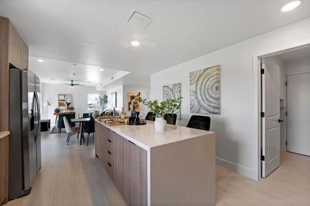 Dining room, Interior, Kitchen, Recessed Lighting, Wood Texture Flooring