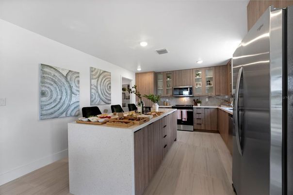 Interior, Kitchen, Recessed Lighting, Stainless Steel Appliances, Wood Texture Flooring