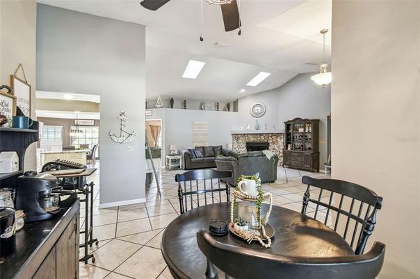 Dining room, Fireplace, Interior, Kitchen, Living room, Pendant Lights, Recessed Lighting