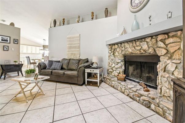 Dining room, Fireplace, Interior, Living room, Pendant Lights, Stone Walls
