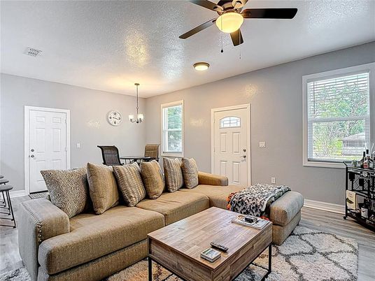 Dining room, Interior, Living room, Pendant Lights, Wood Texture Flooring