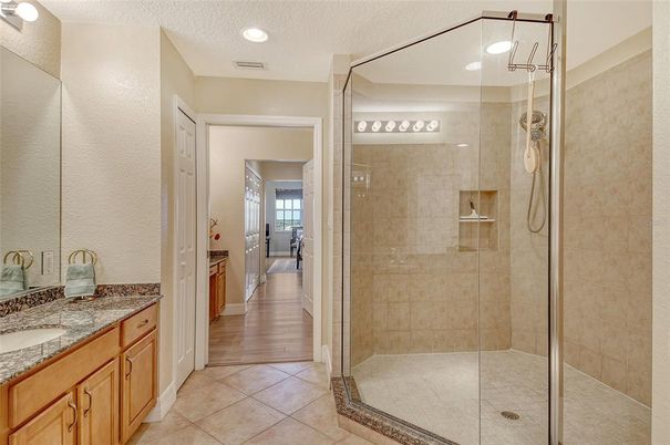 Bathroom, Glass Shower, Interior, Recessed Lighting, Wood Texture Flooring
