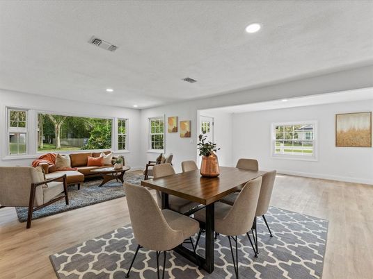 Dining room, Interior, Living room, Recessed Lighting, Wood Texture Flooring