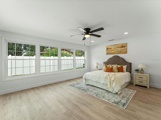 Bedroom, Interior, Recessed Lighting, Wood Texture Flooring