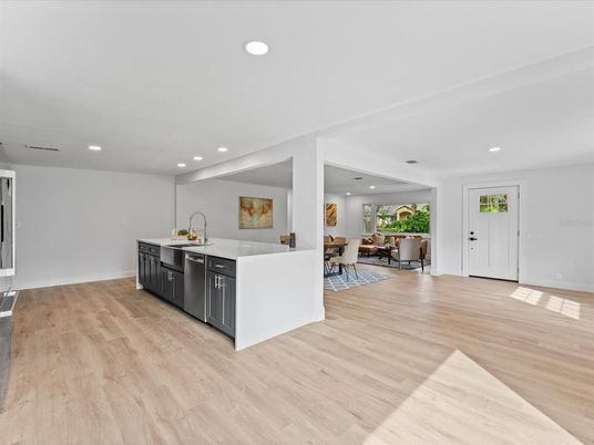 Dining room, Interior, Kitchen, Recessed Lighting, Wood Texture Flooring