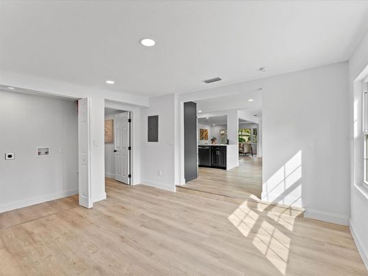 Empty room, Interior, Kitchen, Recessed Lighting, Wood Texture Flooring
