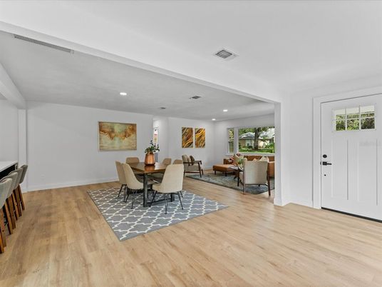 Dining room, Interior, Living room, Recessed Lighting, Wood Texture Flooring