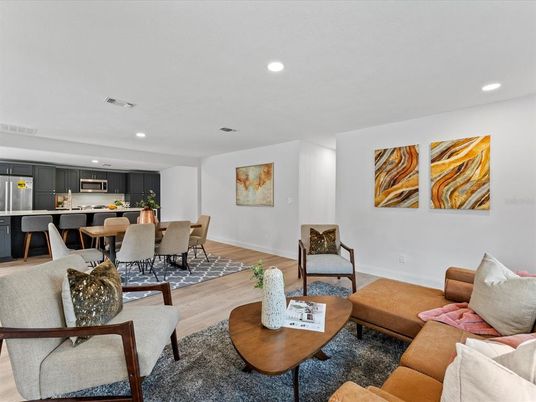 Dining room, Interior, Kitchen, Living room, Recessed Lighting, Stainless Steel Appliances, Wood Texture Flooring