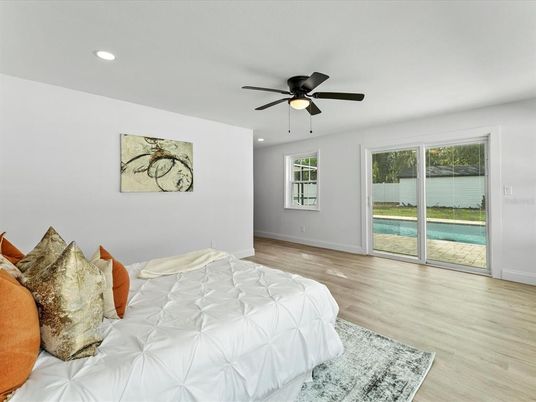 Bedroom, Interior, Recessed Lighting, Wood Texture Flooring