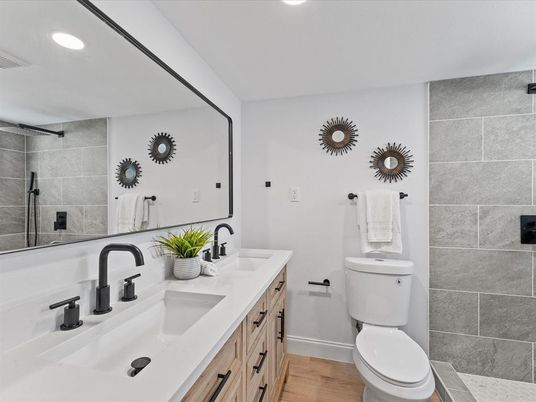 Bathroom, Dual Sink Vanities, Interior, Recessed Lighting, Wood Texture Flooring