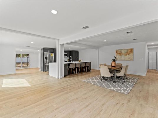 Dining room, Interior, Kitchen, Recessed Lighting, Stainless Steel Appliances, Wood Texture Flooring