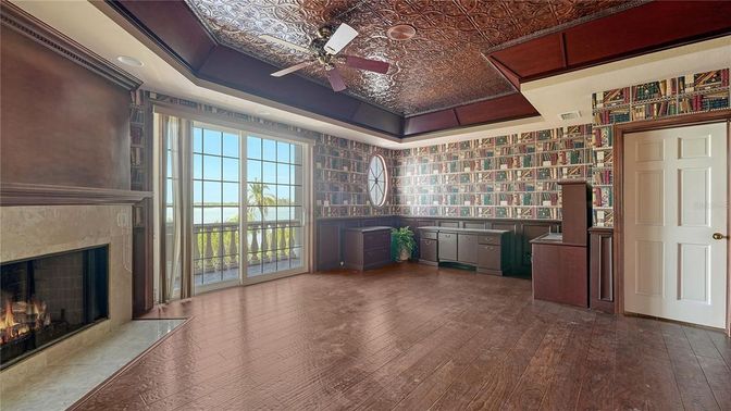 Empty room, Fireplace, Interior, Recessed Lighting, Wood Texture Flooring
