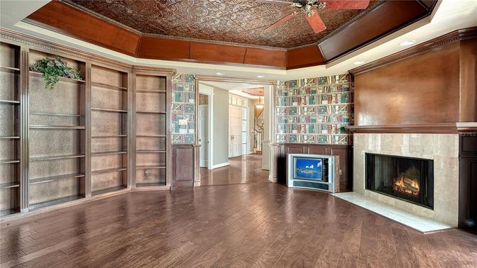 Empty room, Fireplace, Interior, Recessed Lighting, Wood Texture Flooring