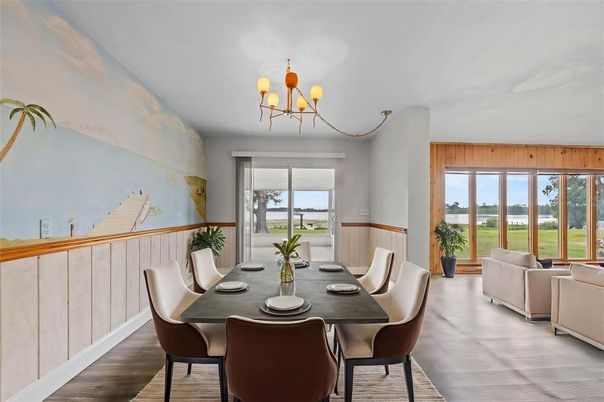 Chandelier, Dining room, Interior, Wood Texture Flooring
