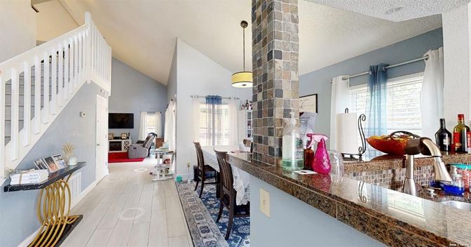 Dining room, Interior, Pendant Lights, Wood Texture Flooring