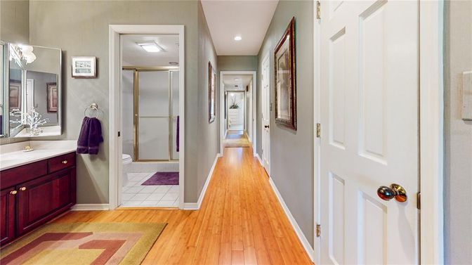 Bathroom, Glass Shower, Interior, Recessed Lighting, Wood Texture Flooring