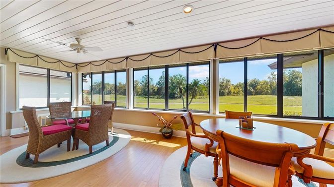 Dining room, Interior, Recessed Lighting, Sun Room, Wood Texture Flooring