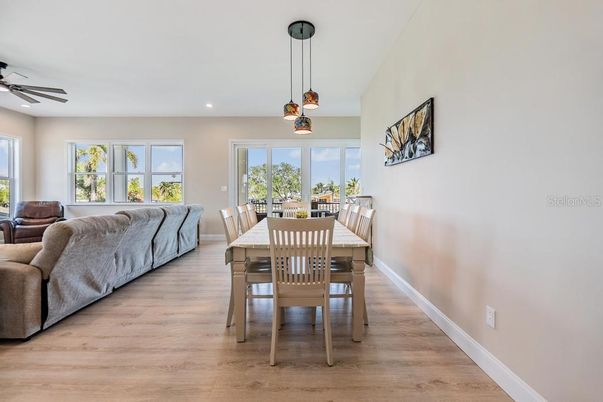 Dining room, Interior, Pendant Lights, Recessed Lighting, Wood Texture Flooring