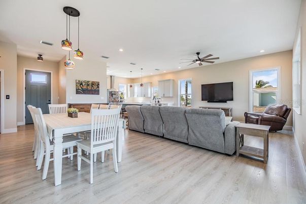 Dining room, Interior, Kitchen, Living room, Pendant Lights, Recessed Lighting, Wood Texture Flooring
