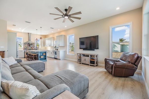 Interior, Kitchen, Living room, Pendant Lights, Recessed Lighting, Stainless Steel Appliances, Wood Texture Flooring