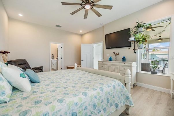 Bedroom, Interior, Recessed Lighting, Wood Texture Flooring