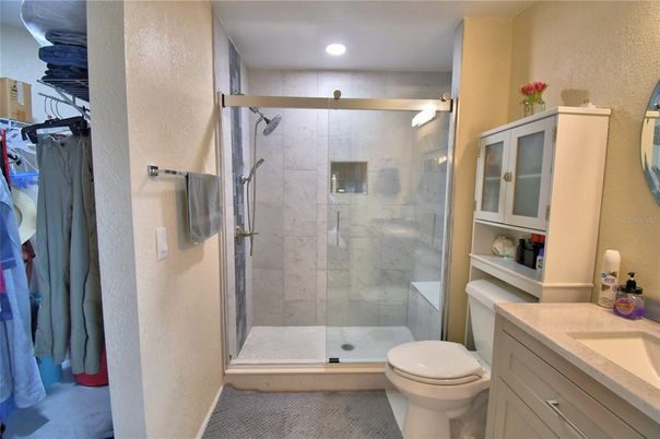 Bathroom, Glass Shower, Interior, Marble Walls, Recessed Lighting
