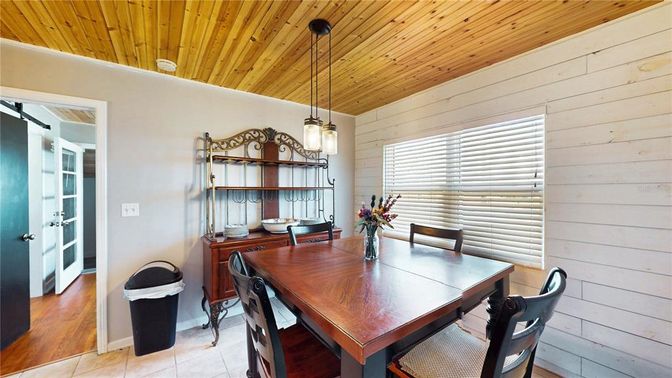 Dining room, Interior, Pendant Lights, Wooden Ceilings, Wood Texture Flooring
