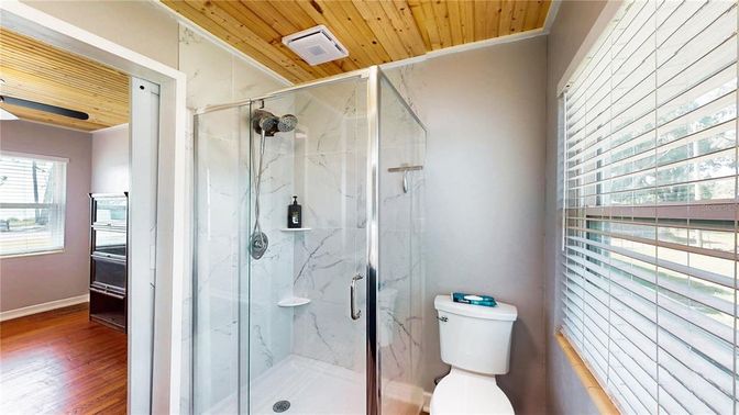 Bathroom, Glass Shower, Interior, Marble Walls, Wooden Ceilings, Wood Texture Flooring