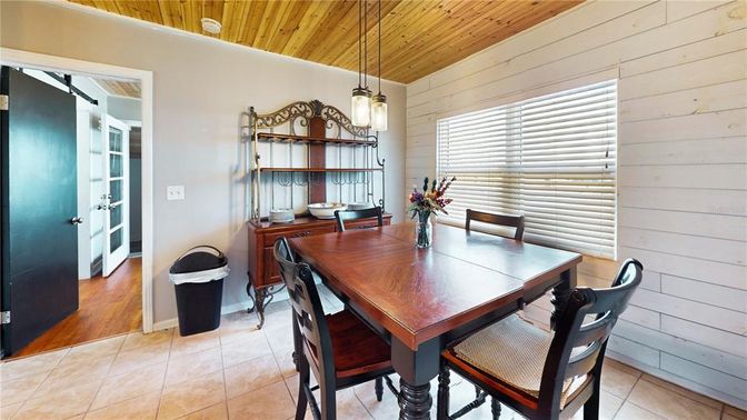 Dining room, Interior, Pendant Lights, Wooden Ceilings, Wood Texture Flooring