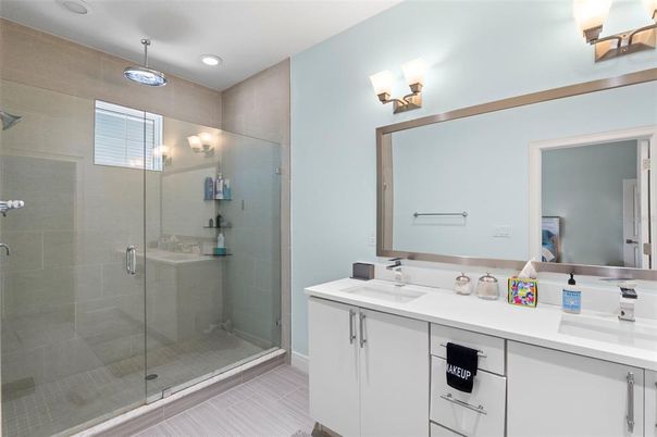 Bathroom, Dual Sink Vanities, Glass Shower, Interior, Recessed Lighting